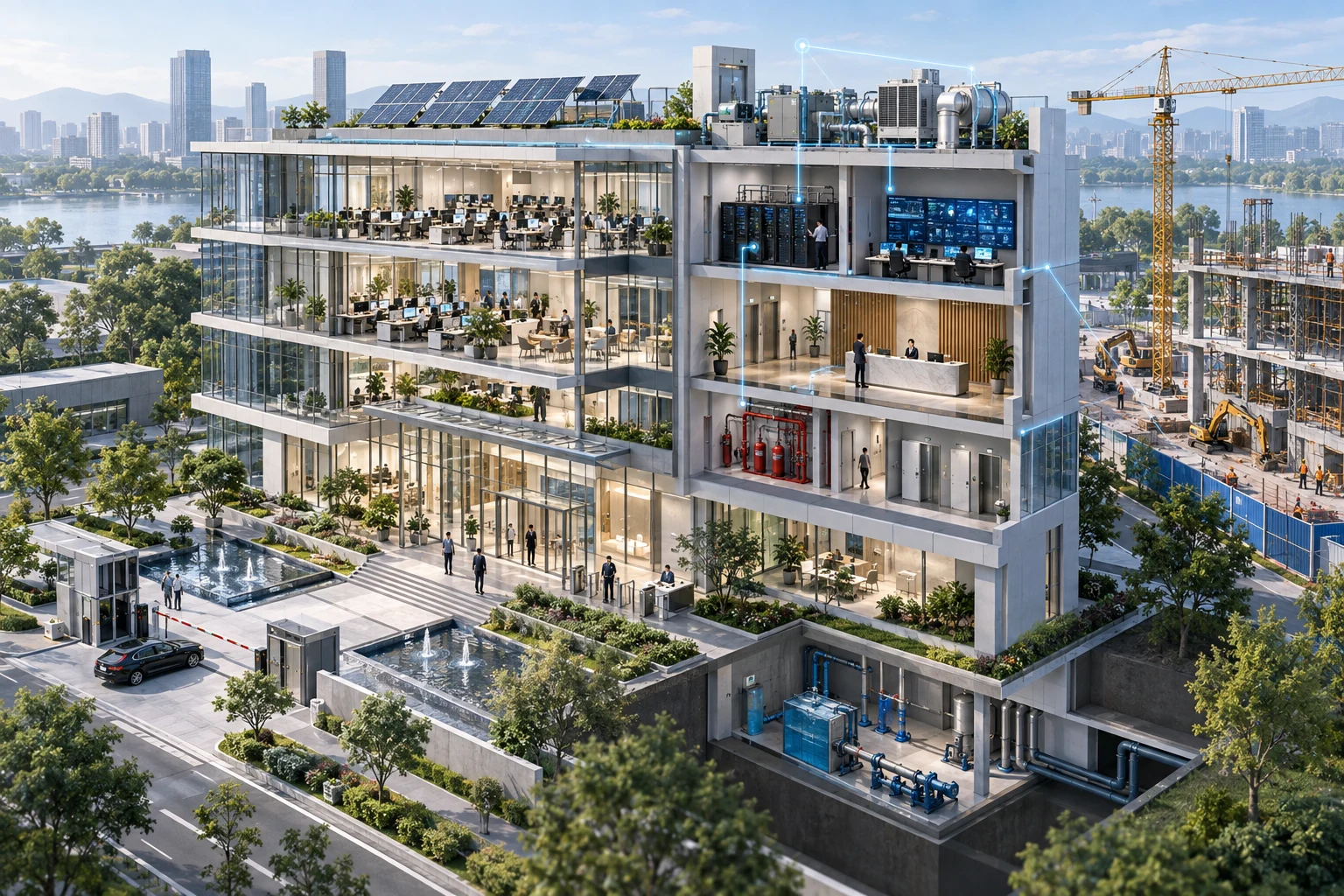 智慧建筑综合场景示意：建筑空间、网络机房、运营中心、能源水系统与智能建造区域